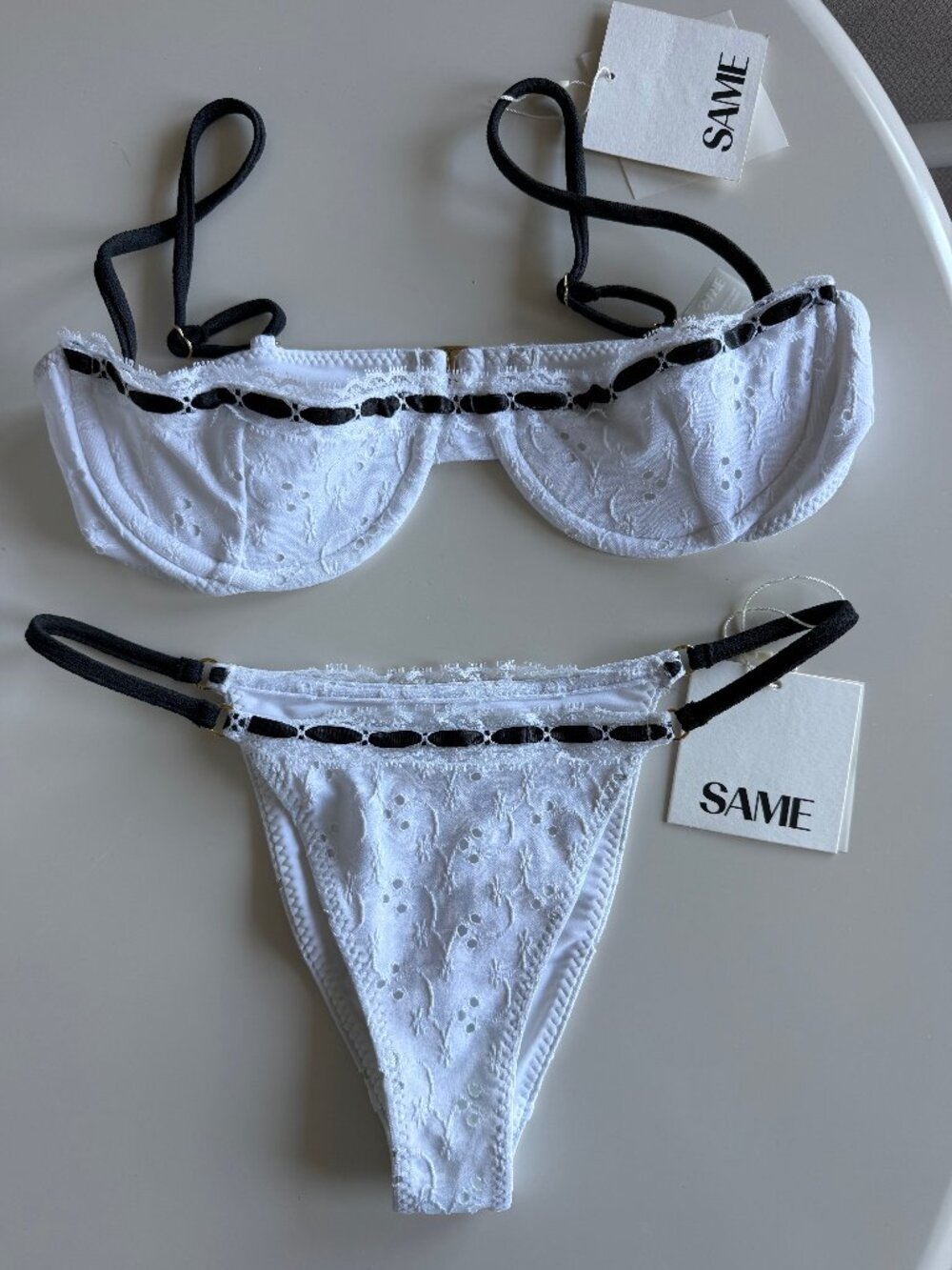 SAME White Eyelet Lace Bikini with Black Trim